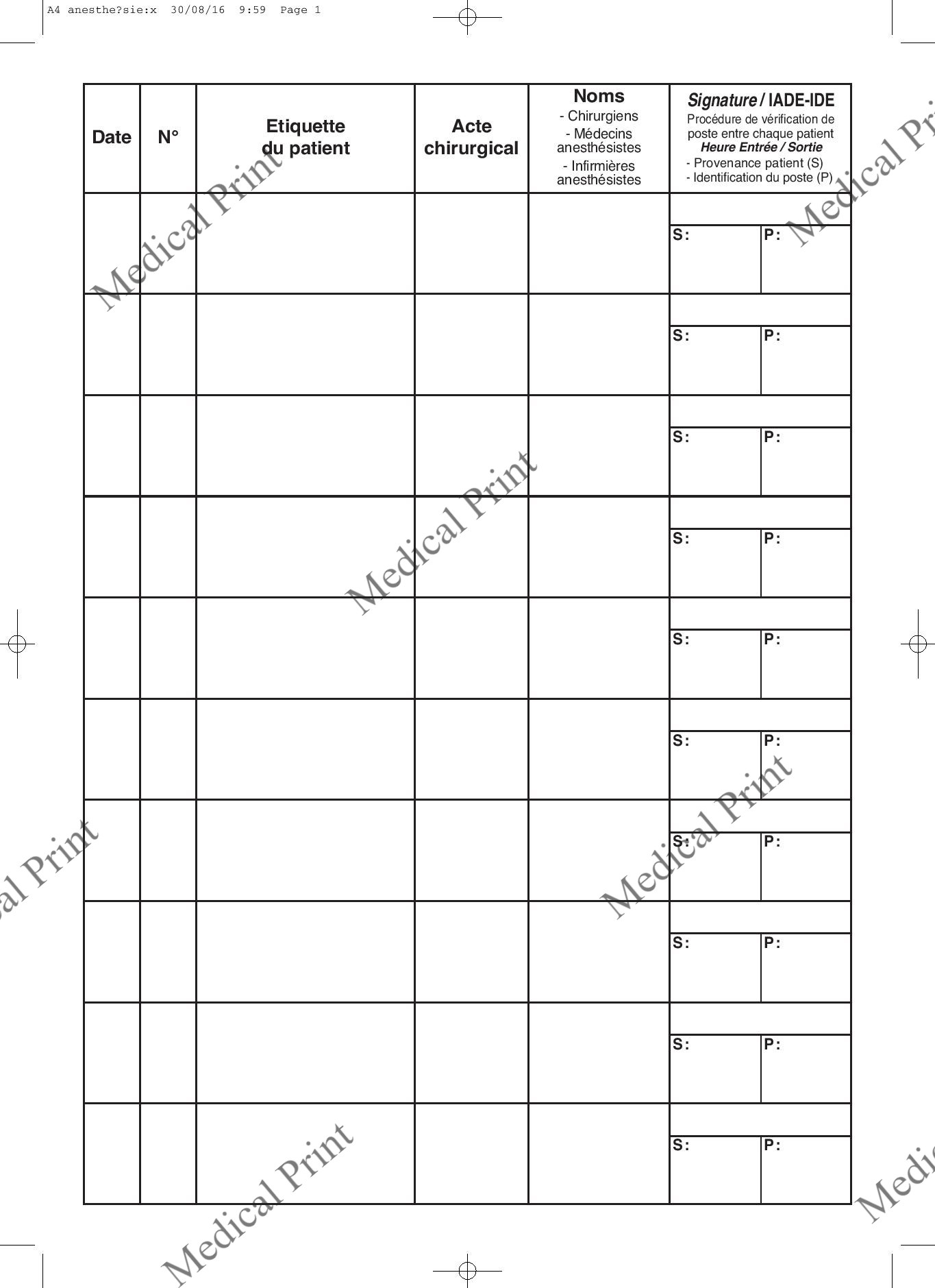 page registre anesthésie